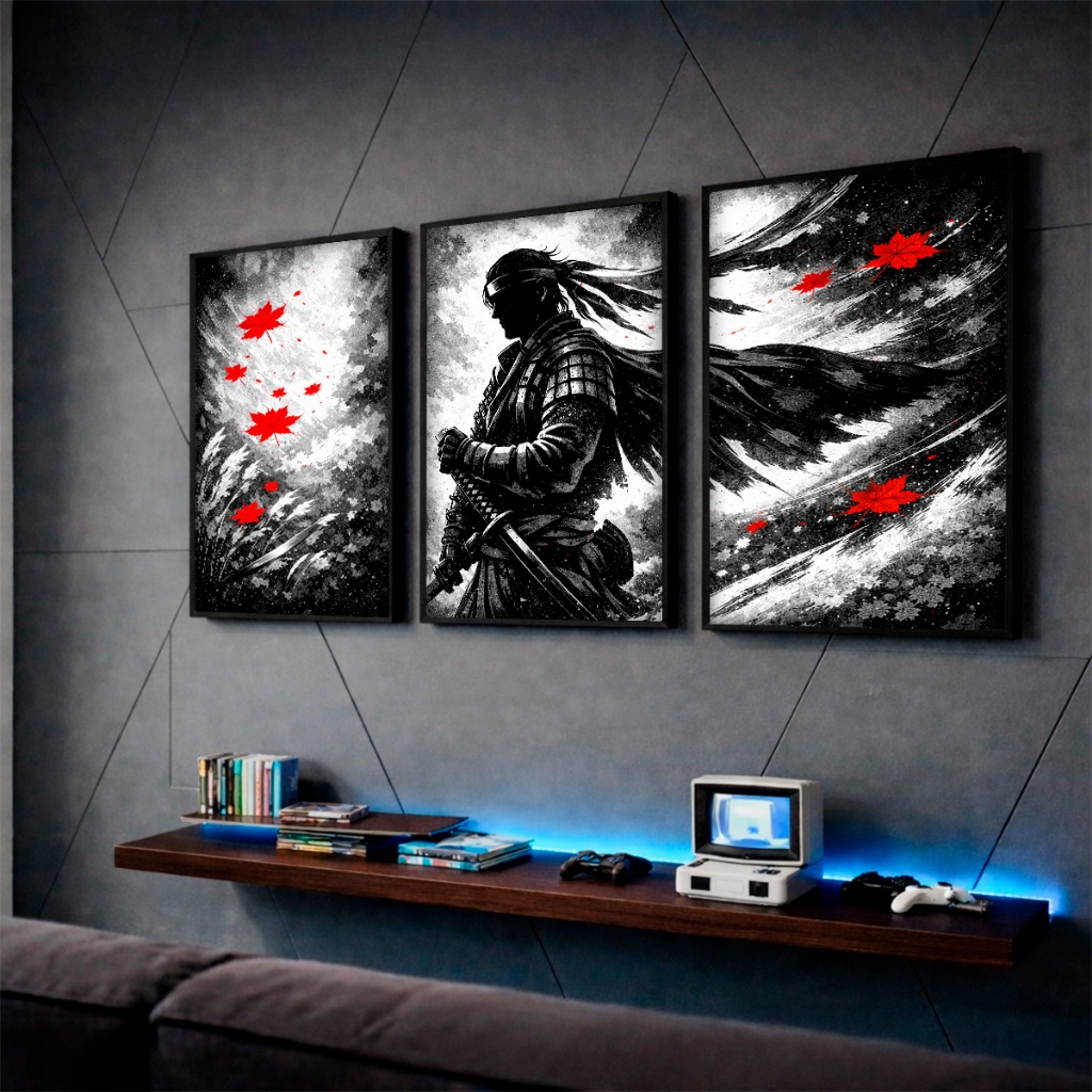 Quadros Decorativos Samurai Japonês Pétalas Preto Branco Sala Hall Quarto