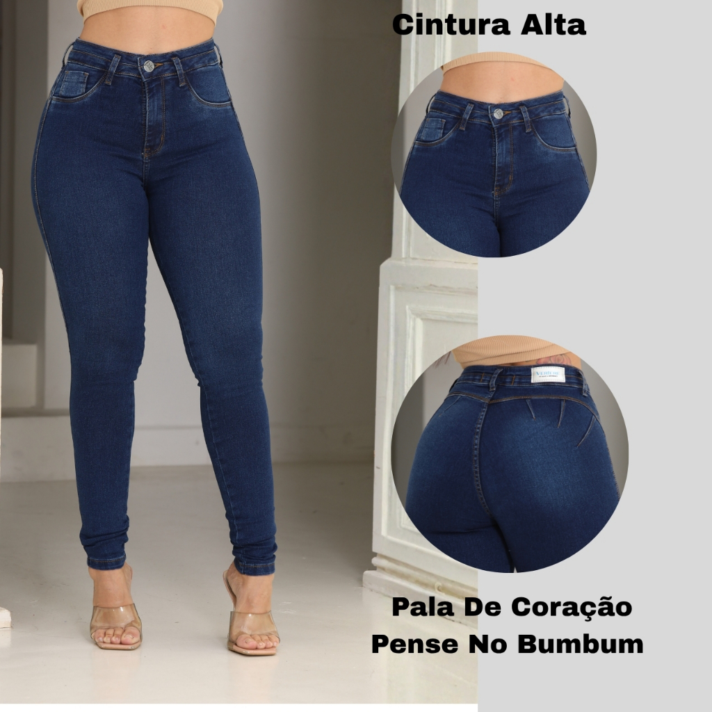 Calça Jeans Skinny Com Pense No Bumbum Feminina Sem Bolso Cintura Alta Modeladora Levanta Bumbum
