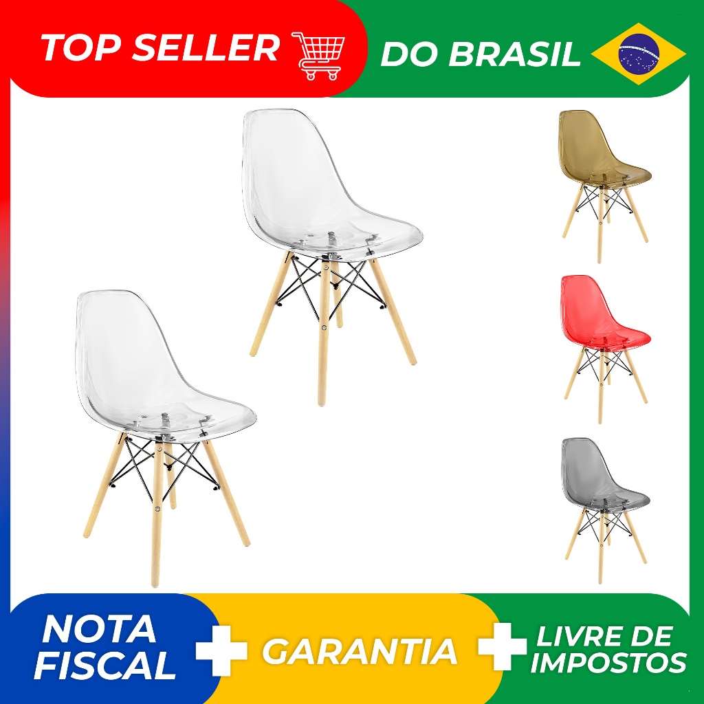 Kit 2 Cadeiras Charles Eames Cristal Eiffel Wood Conforto Designer Transparente