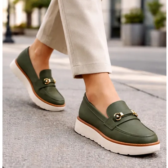 Mocassim Loafer Verde Militar EVA Leve Confortável Moderno Elegante Casual Feminino Trabalho Modare