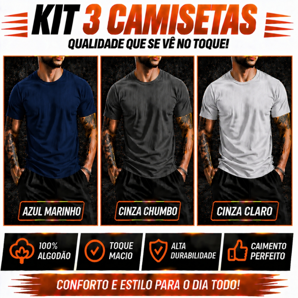 Kit 3 Camisetas Masculina Básica Algodão Premium 100% Diversas Cores