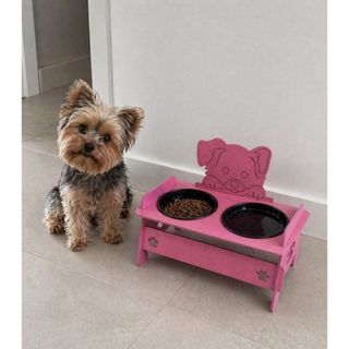 comedouro gato ou cachorro pet elevado agua ração postura rosa ou azul mdf com desenho du…