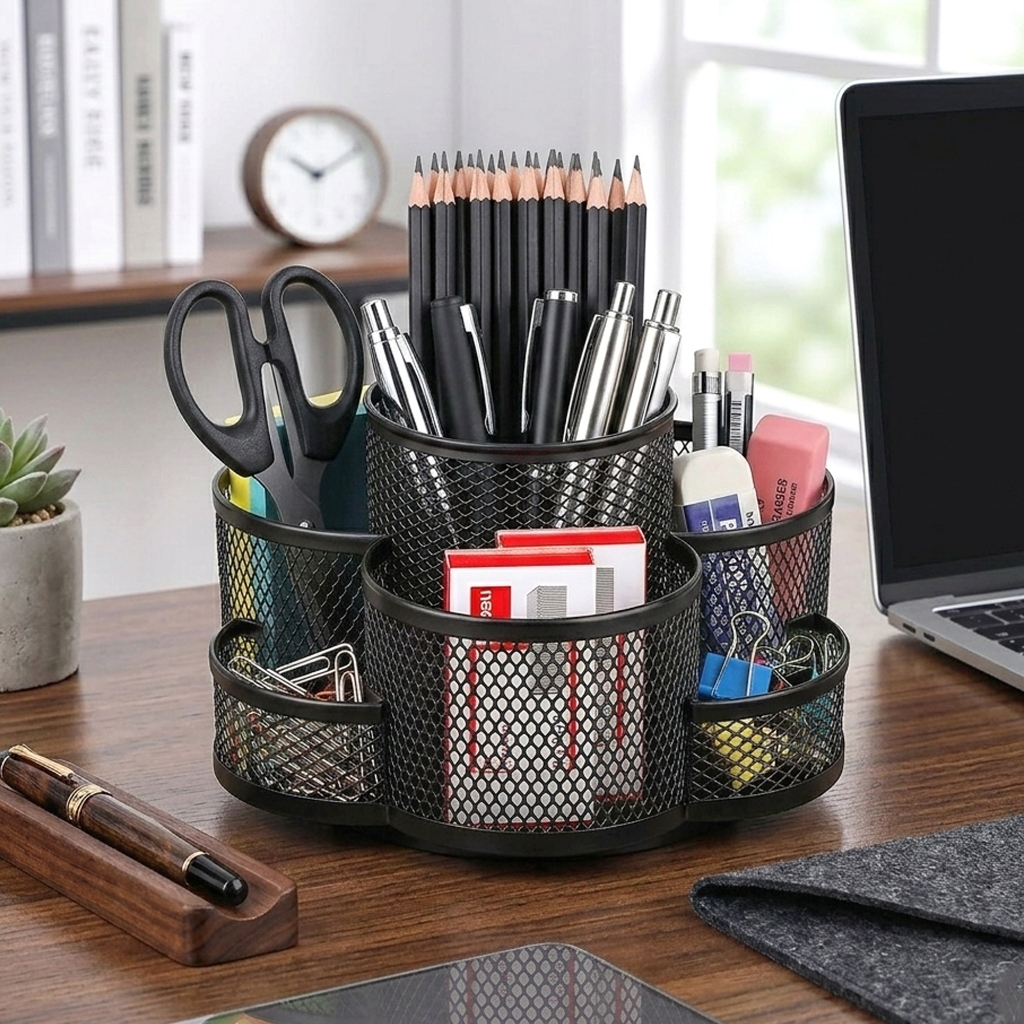 Organizador Giratório 360º Porta Caneta Lápis Clips Treco Escritório Mesa Metal Aramado Divisórias