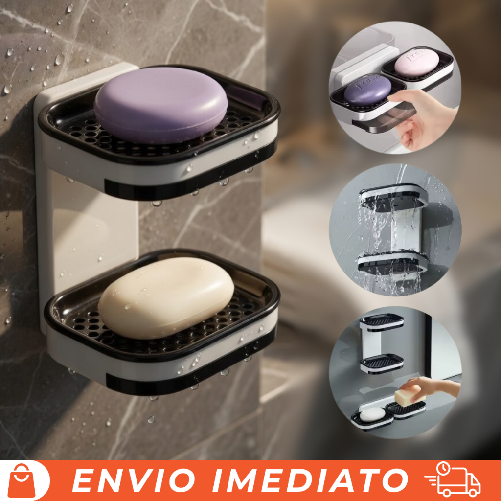Saboneteira Banheiro Dupla Camada Drenável Porta Sabonete de Parede sem Furo Organizador