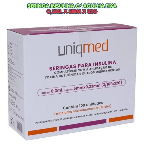 Seringa Insulina 0,3ml 5mm 32G (0,23mm 3/16) Uniqmed Agulha Fixa - Kit C/ 5, 10, 20 Unidades (BLISTER) 30ui