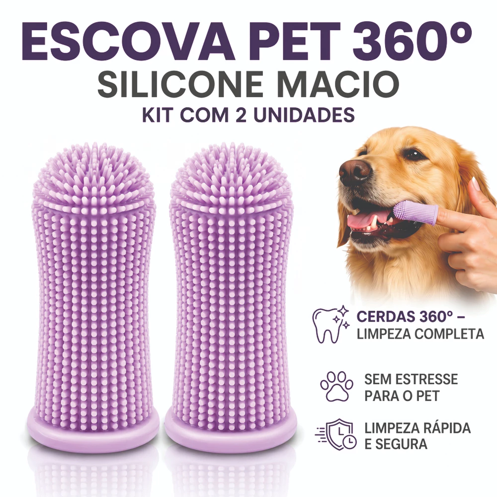 Escova de Dente Pet 360° Silicone Macio Cães e Gatos Limpeza Bucal Anti Tártaro Mau Hálito Kit 2 Unidades, Bem Estar PET
