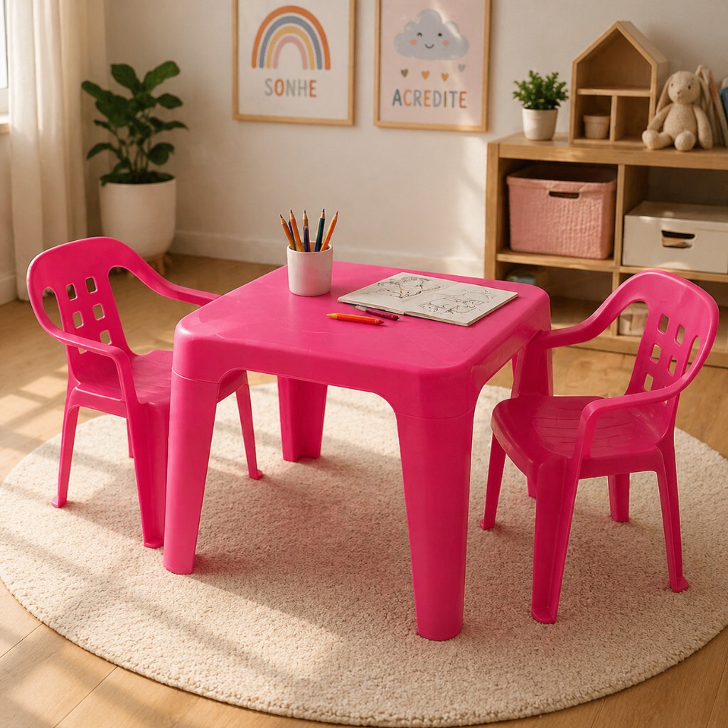Kit Mesa Infantil 2 Cadeiras Poltrona Plástica Leve Robusto Montessori Kids Criatividade Estudo Diversão Infantil
