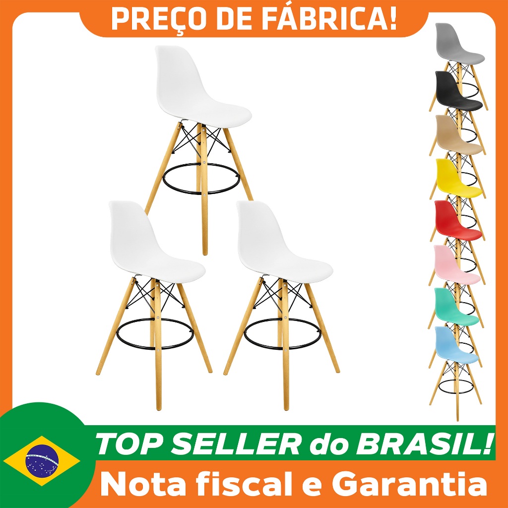Kit 3 Banquetas Charles Eames Eiffel Wood Design Base Fixa Madeira