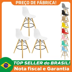 Kit 3 Banquetas Charles Eames Eiffel Wood Design Base Fixa Madeira
