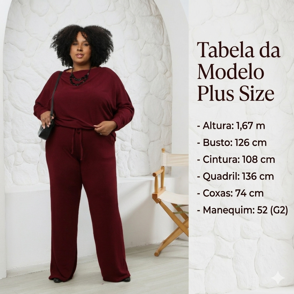 Conjunto plus size LANZINHA LEVE Premium Feminino confortável Blusa Manga Morcego e Calça Flare Forrada G1 ao G3.