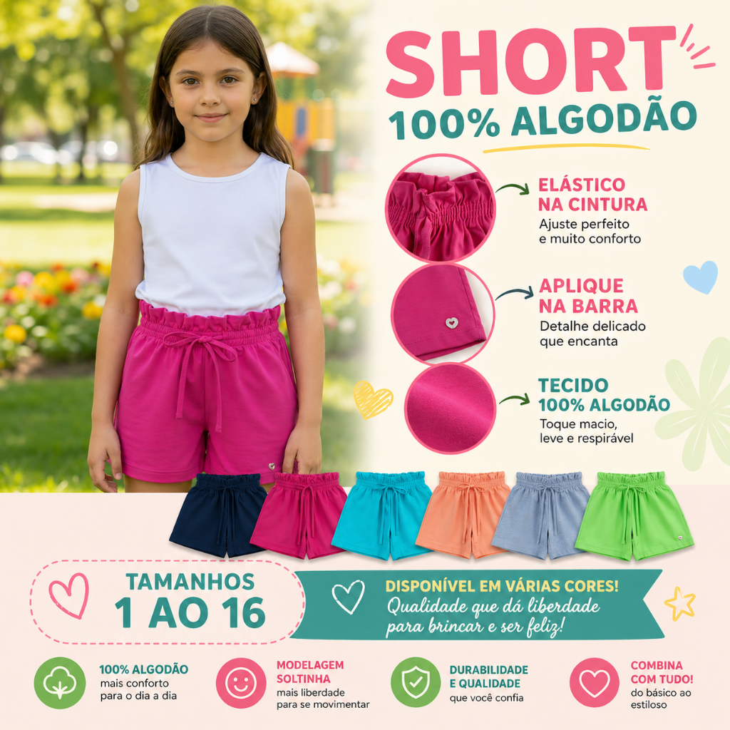 Short infantil menina algodão feminino
