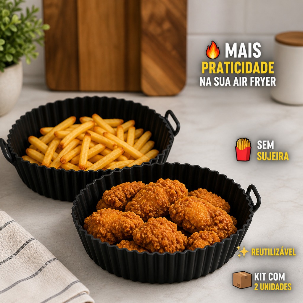 KIT 2 Forma Silicone Air Fryer Forno Microondas Fritadeira Assadeira Reutilizável Antiaderente