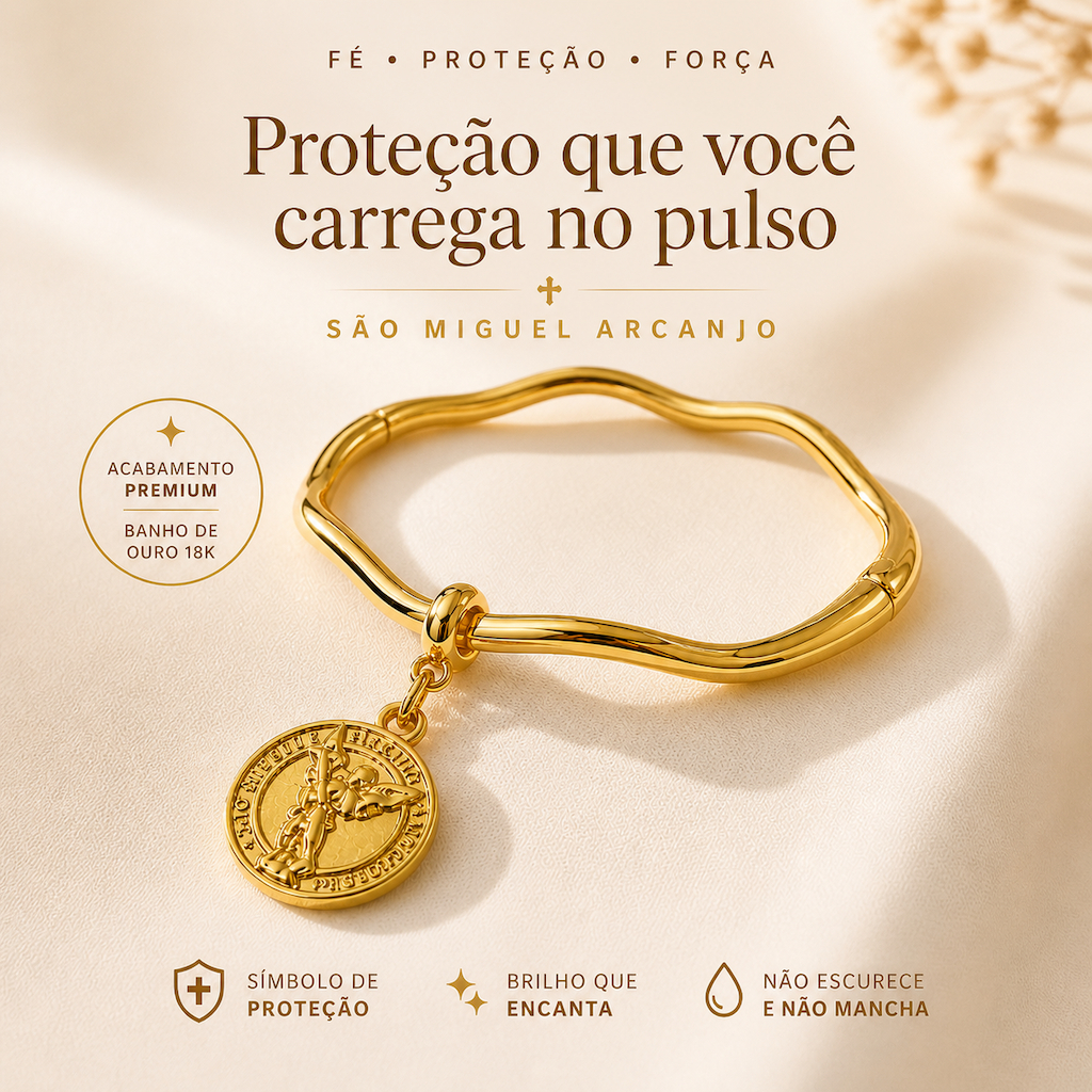 Bracelete Ondulado com Pingente Medalha Berloque de São Miguel Arcanjo Pulseira Católica Novena de São Miguel Banhada