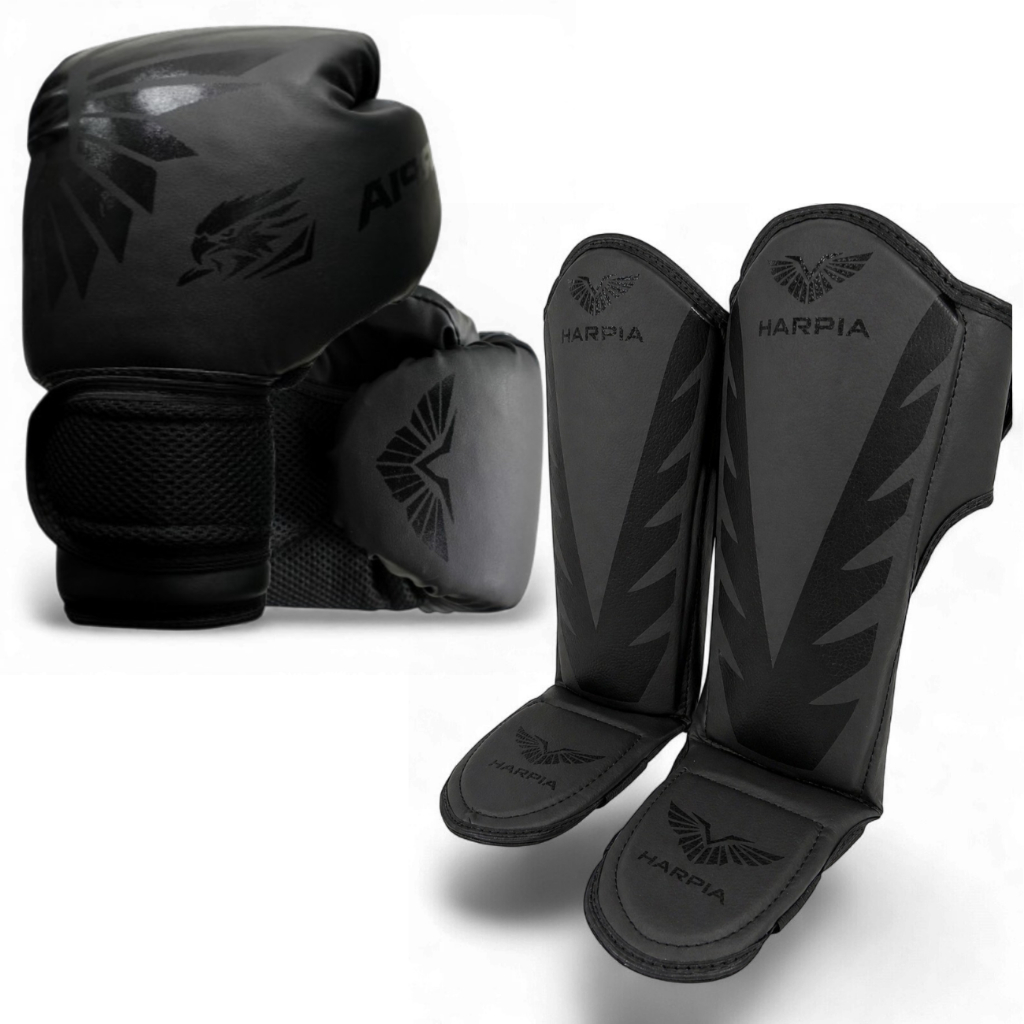 Luva De Boxe Muay Thai Kickboxing + Caneleiras Muay Thai KIT Harpia