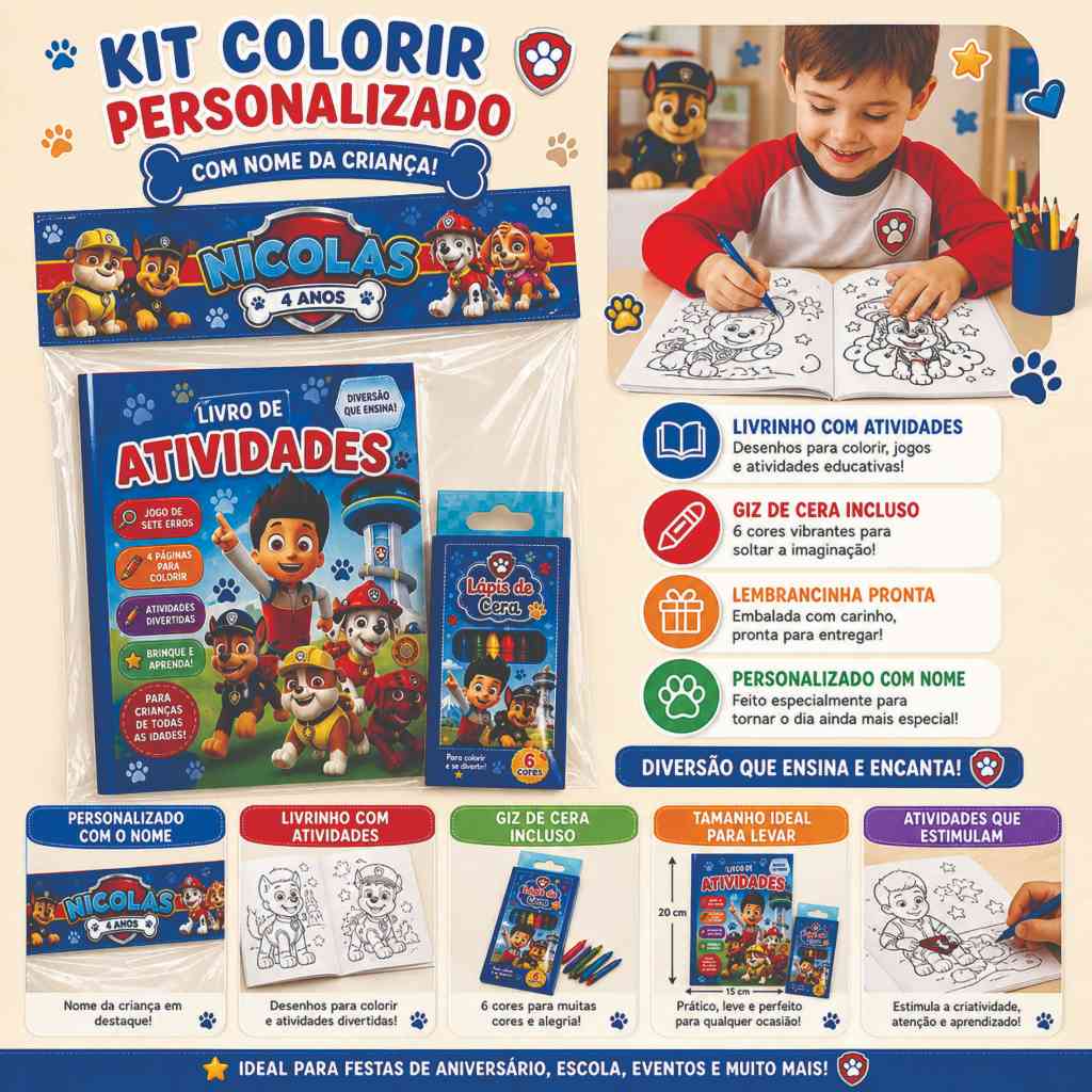 Kit Colorir Personalizado Infantil Com Nome | Lembrancinha Festa Aniversário Livrinho Patrulha Canina