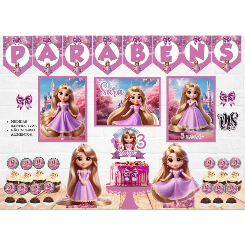 Kit Festa Princesa Rapunzel Baby | Personalizado Só um Bolinho | Mesversário Aniversário | 40 itens | Decoração