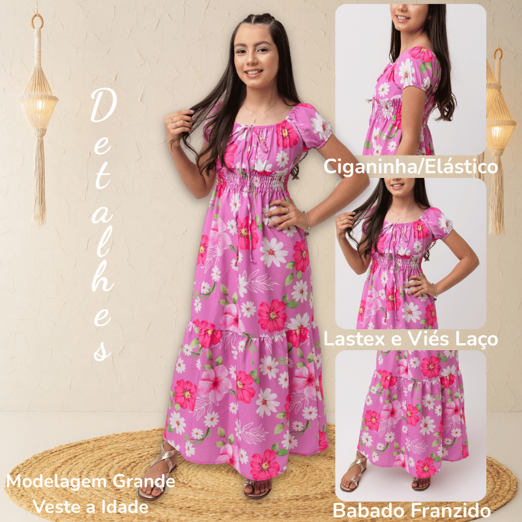 Detalhes do Kit 2 Vestidos Infantil Menina Juvenil Longo Floral Estampado Verão 2 ao 14 Roupa Infantil Feminina