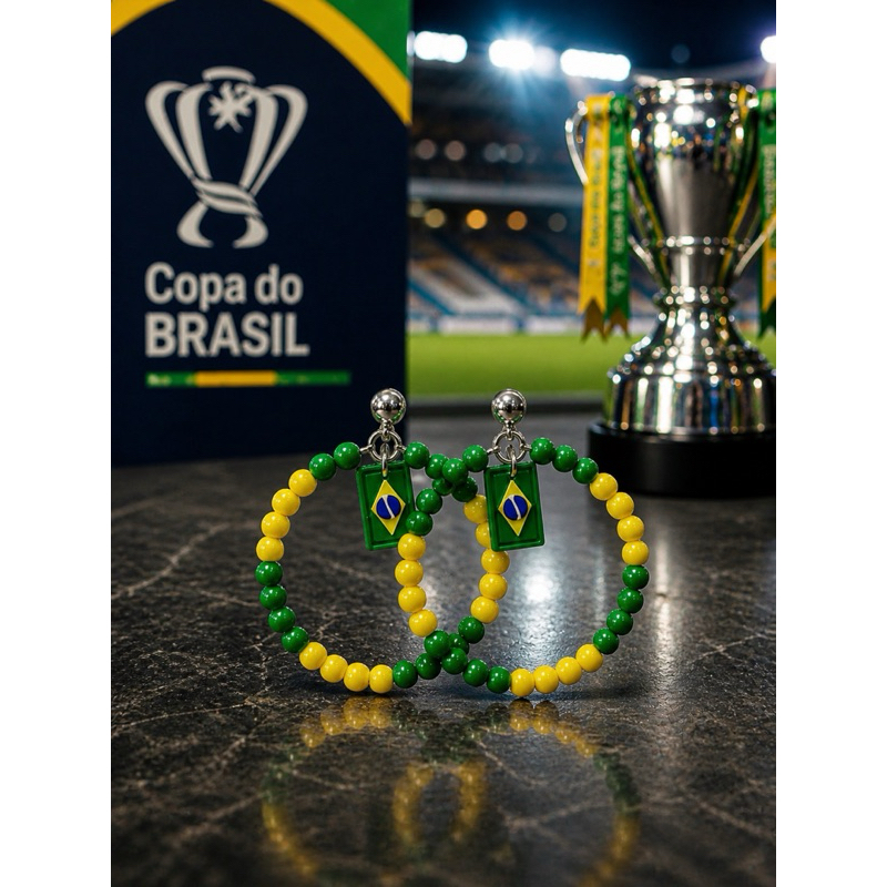 Brinco Feminino Copa do Brasil Verde Amarelo Bandeira do Brasil Argola Torcedora Seleção Brasileira Luxo