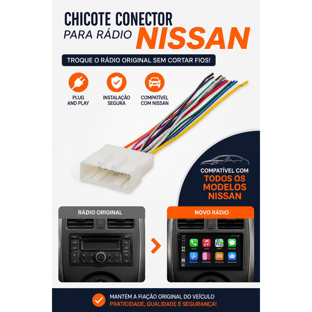 Chicote Conector Rádio Nissan Todos Modelos Adaptador Som Automotivo Plug Original