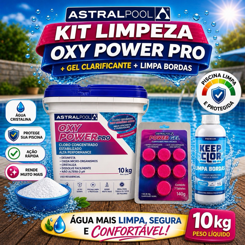 Kit Limpeza Primium Piscina Cristalina - Cloro Oxy Power Pro 10kg  + Gel Clarificante 140g + Limpa Bordas 1L