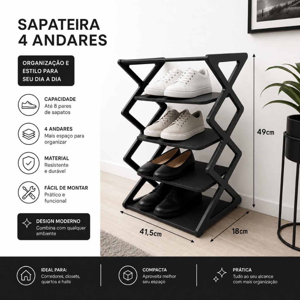 Sapateira Multiuso 4 Andares Organizadora P/ 8 Pares Sapatos | Compacta, Robusta e Prática! Casa Organizada!