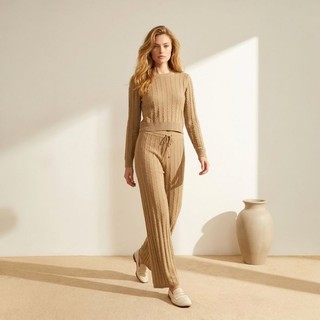 Conjunto de Modal Importado 2 peças, blusa Cropped manga longa calça com cós elástico, outono/inverno. Conjunto feminino