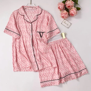 Pijamas Femininos Rosa e Azul Bebê detalhe em V Cetim Premium, Pijama Americano conjunto, pós cirúrgico, amamentação.
