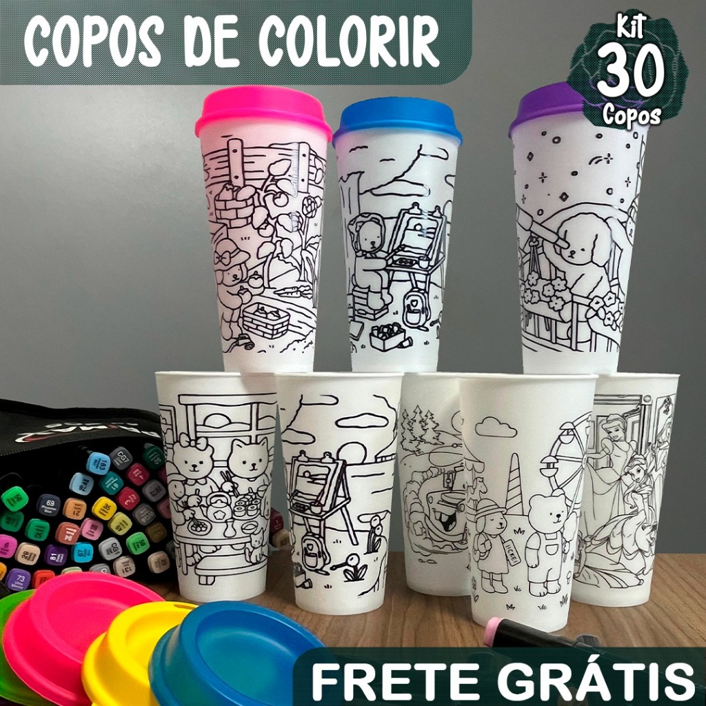 30 Copos de Colorir Premium e Mágicos 400ML Atividade Escolar Educativa, Lembrancinha Reutilizável