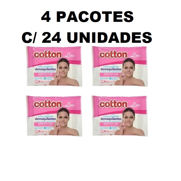 KIT 4 PACOTES DE TOALHA UMEDECIDAS DEMAQUILANTE COTTON 24 UNIDADES LENÇO SENSITIVE CARE