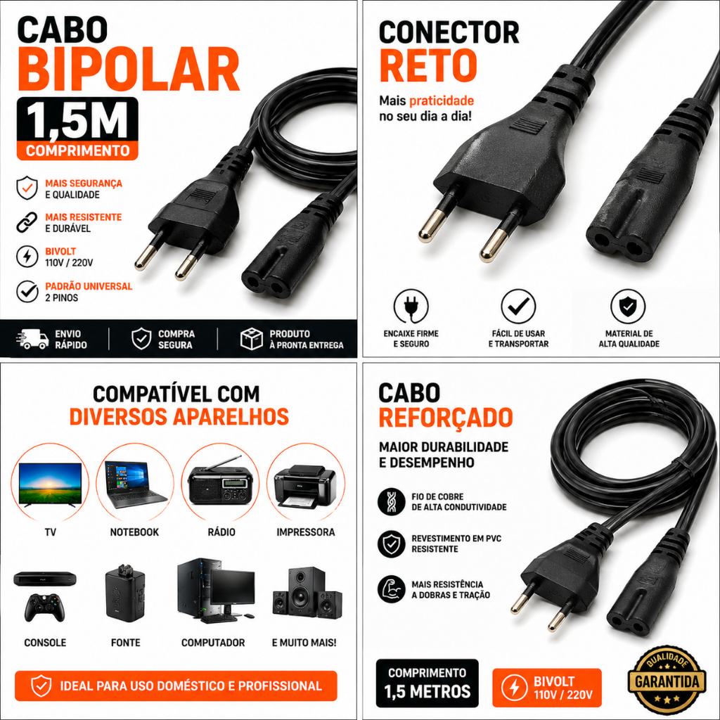 Cabo De Força Energia Bipolar 1,2m Ps2 Ps3 Ps4 Tv Impressora