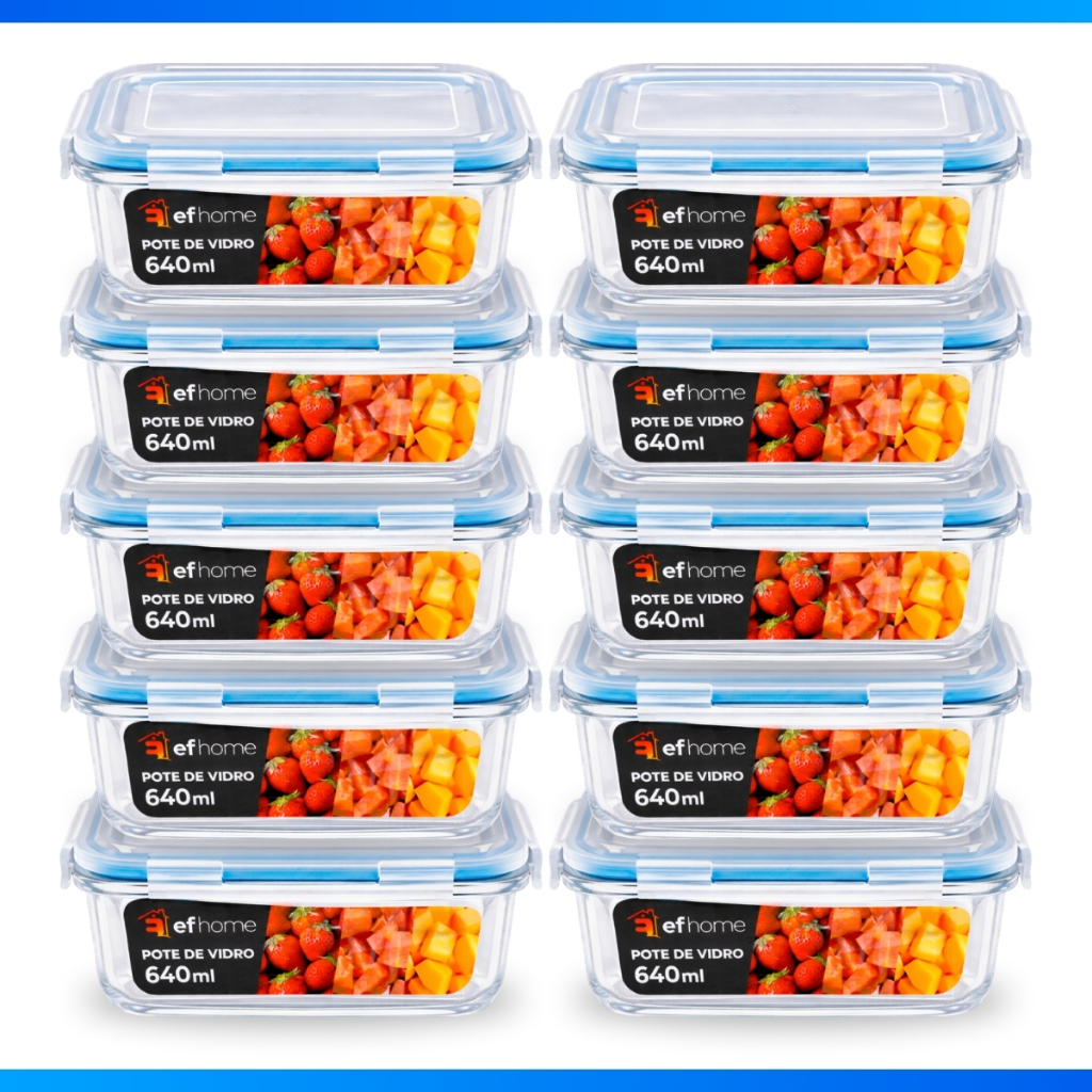 Imagem Kit 10 OU 5 Pote de Vidro Hermético Retangular 4 Travas Marmita Fit Microondas Mantimentos - FULL!