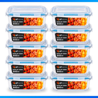Kit 10 OU 5 Pote de Vidro Hermético Retangular 4 Travas Marmita Fit Microondas Mantimento…