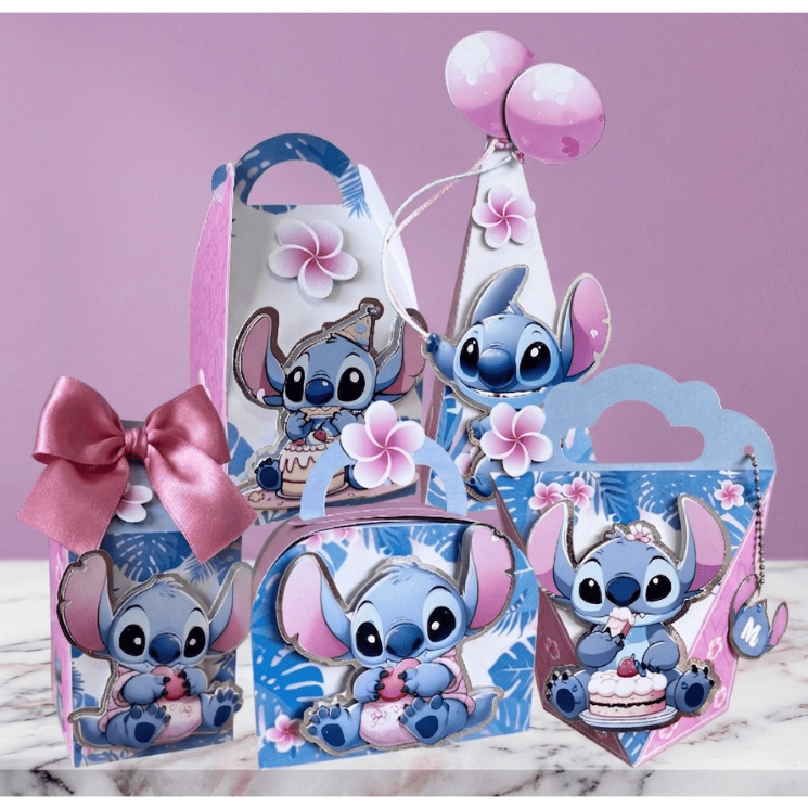 PEGUE E MONTE|Kit Festa Personalizado| STITCH | Caixinhas Lembrancinha para Aniversário - SEMIMONTADAS