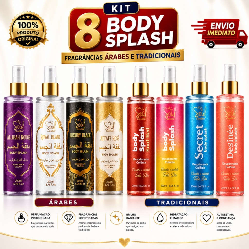 KIT 8 BODY SPLASH feminino 200ML FRAGRÂNCIA ÀRABES E TRADICIONAL, ENVIO IMEDIATO