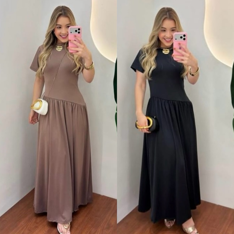 Vestido feminino longo casual rodado de manga moda evangelica