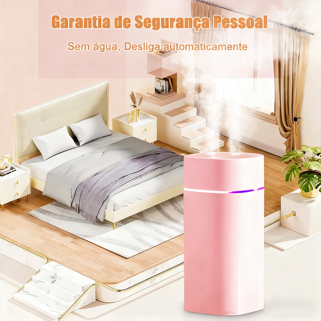 Umidificador Silencioso Com Dupla Pulverização Capacidade De 600ml Indicador Luminoso De 7 Cores E Grande Capacidade