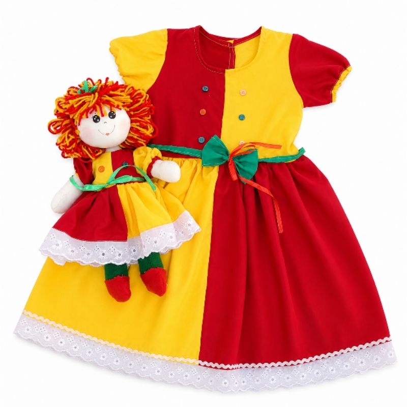 Kit Presente Temático Boneca Estilo Emília 35 cm + Vestido Infantil Combinando Luxo