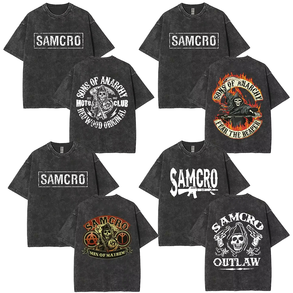 Camiseta Básica Estonada Vintage SAMCRO Sons of Anarchy Seriado TV Jax Teller Motoclube Mayhem Fear The Reaper