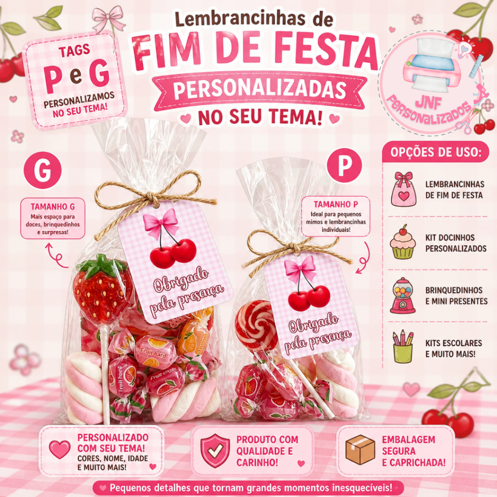 Tag Personalizada Cereja Obrigado Pela Presença | Tags Para Lembrancinhas Infantil | Festa Aniversário | Diversos Temas