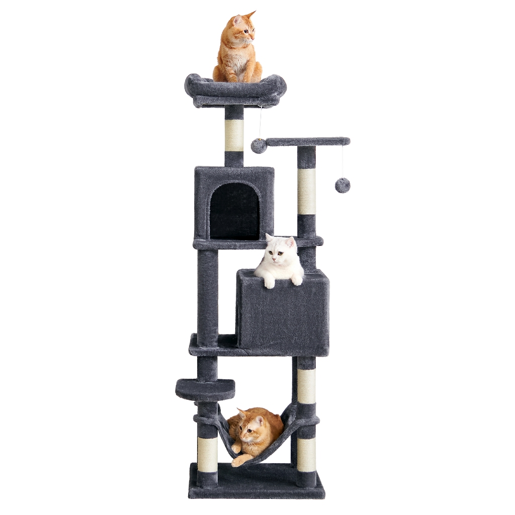 SONGMICS Árvore para Gatos com Arranhadores, 2 Tocas, 2 Pompoms, Rede, Móvel Multi-nível para Sala, 150 cm,  Cinza esfum