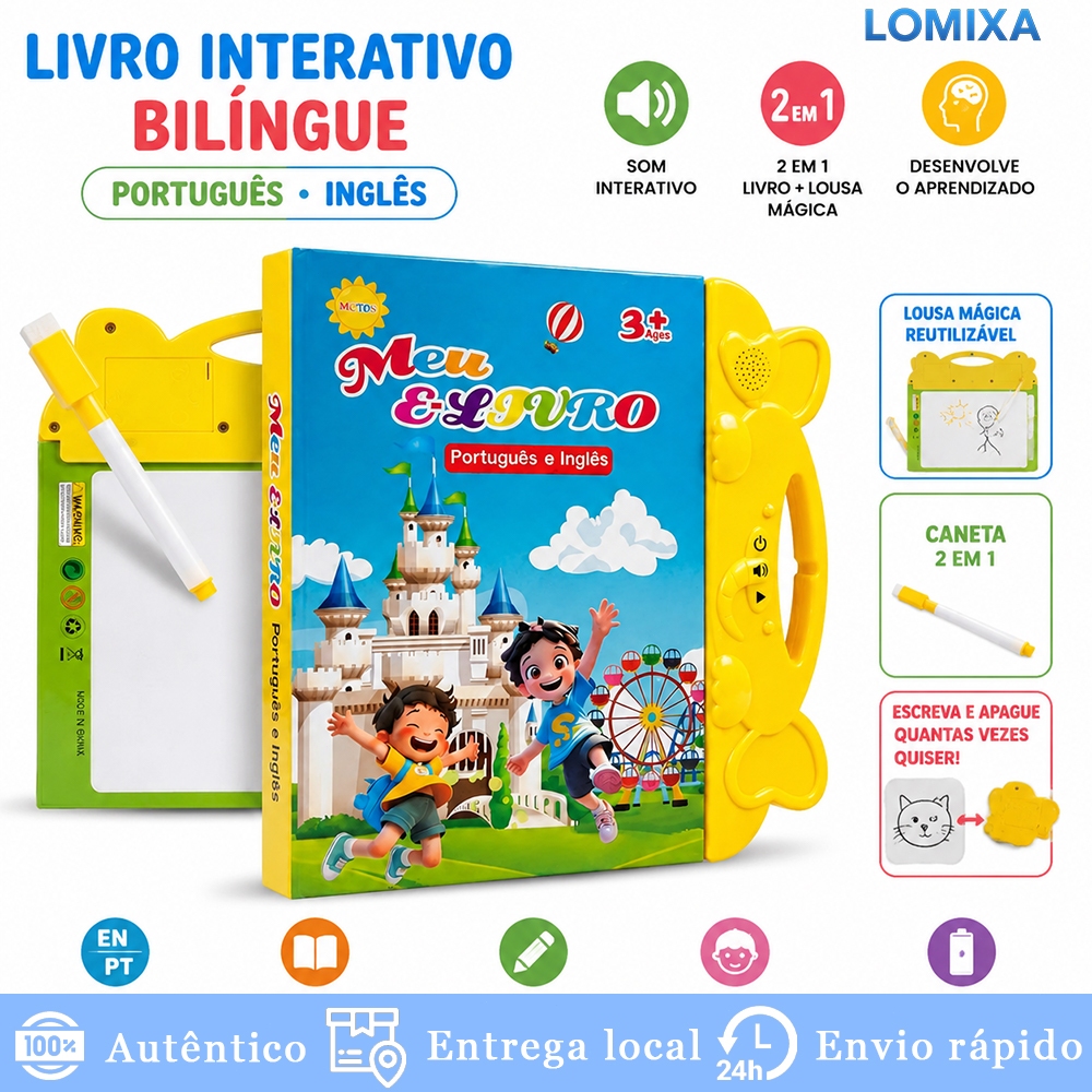 Livro Infantil Bilíngue PT EN Interativo com Som + Lousa Mágica Reutilizável e Caneta 2 em 1