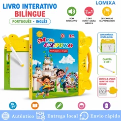 Livro Infantil Bilíngue PT EN Interativo com Som + Lousa Mágica Reutilizável e Caneta 2 em 1