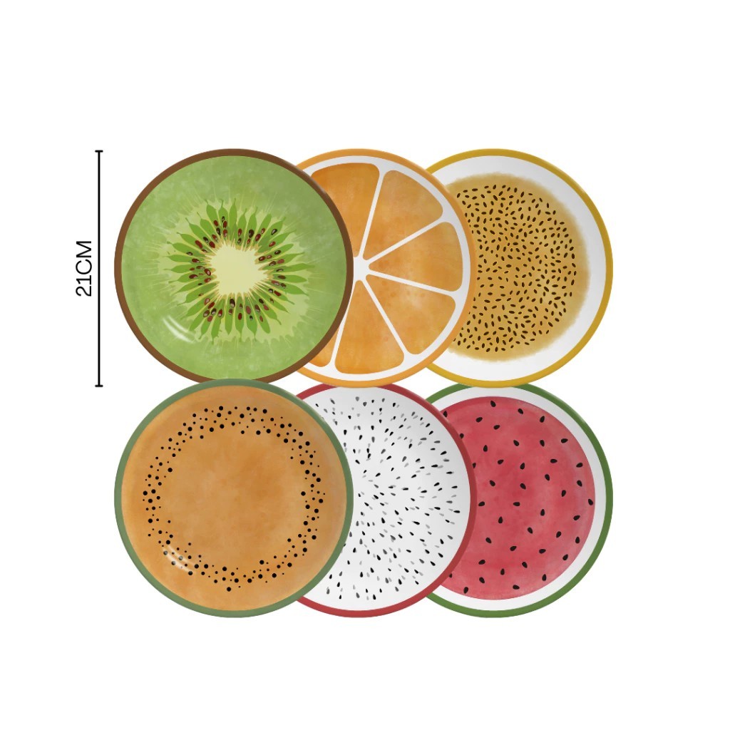 Kit com 6 Pratos de Sobremesas Salada de Frutas 21 cm Frutas coloridas Alleanza Ceramica