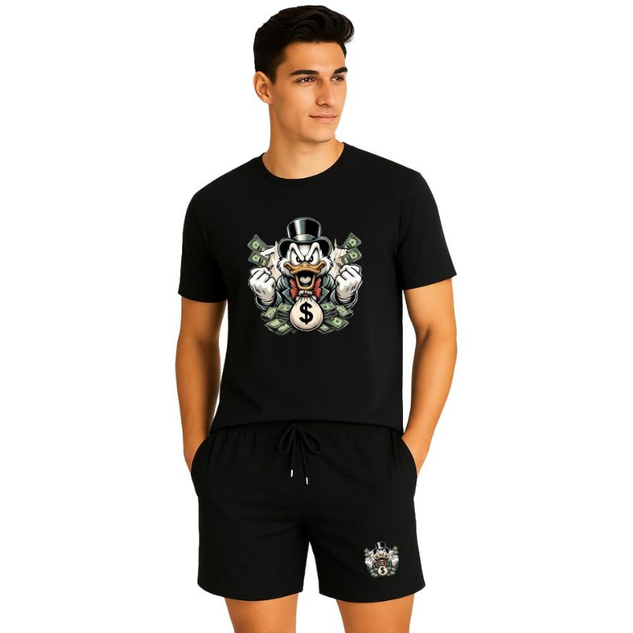 Kit Conjunto Tio Patinhas Dinheiro Camiseta Streetwear Algodão Bermuda Tactel