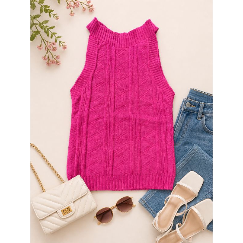 blusa tricot feminina rosa pink regata tam m elastano look blogueira moda feminina blusa canelada