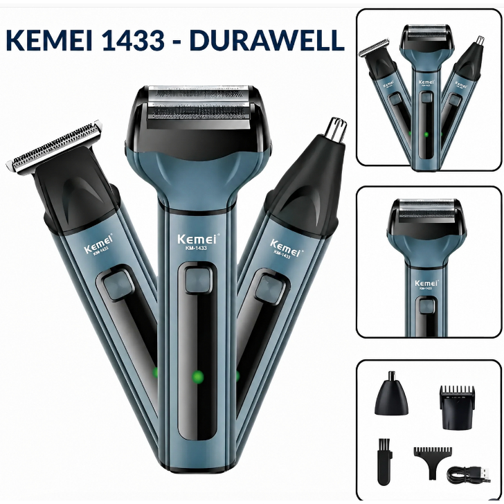 Barbeador Elétrico 3 em 1 Profissional Kemei 1433 Bivolt 110v 220v Portátil sem fio KM - 1433