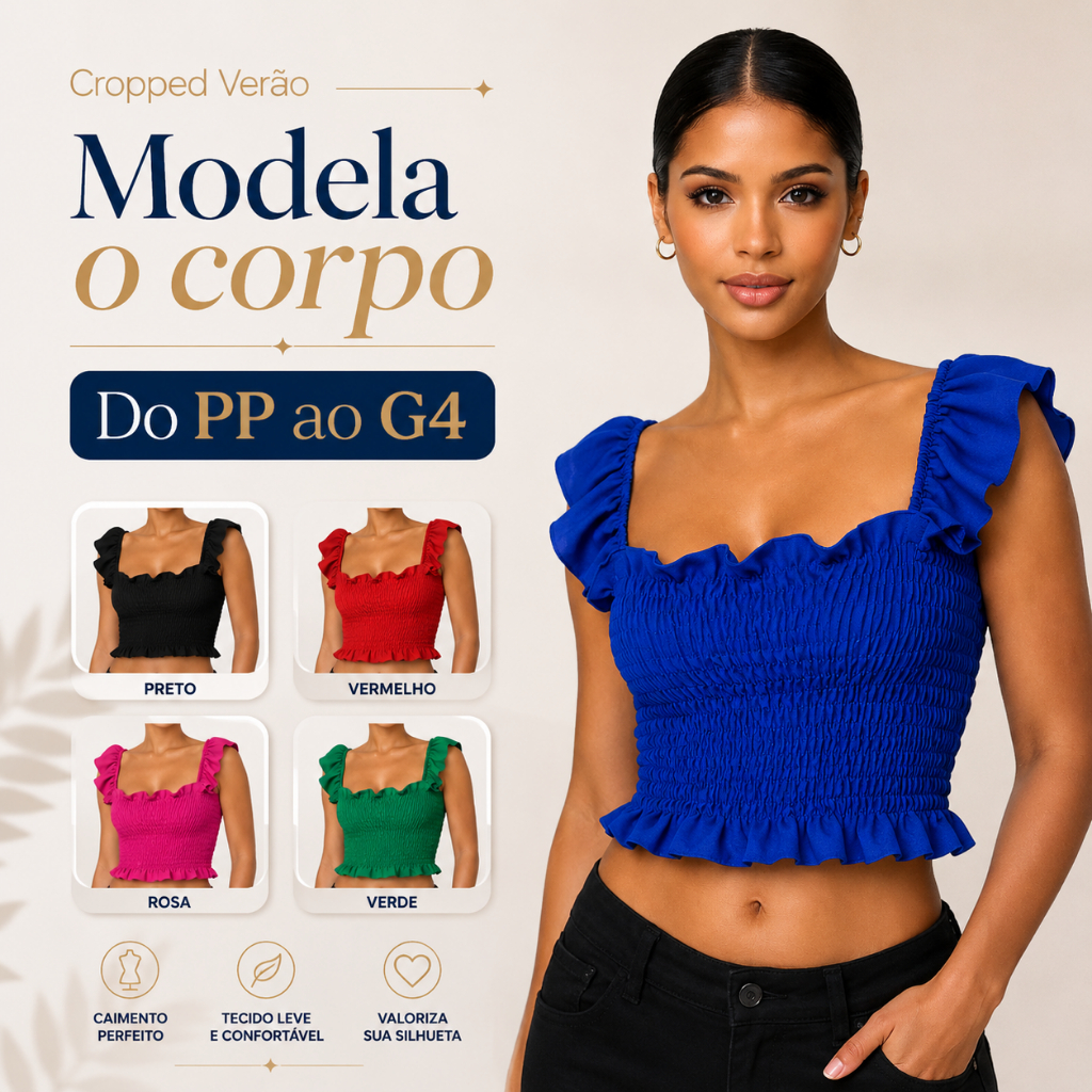 Cropped Lastex Alça Babado Modelador Soltinho Confortável Moda Feminina Tendência 2026 Verão Regata Blusa Plus Size