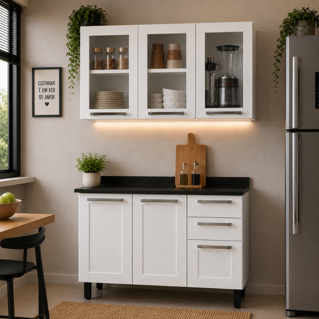 Conjunto Cozinha Balcão Com Armário Aéreo Portas De Vidro Itatiaia Aço Florença Branco