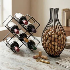 Kit Suporte Para Vinho Com Porta Rolha De Mesa Elegante