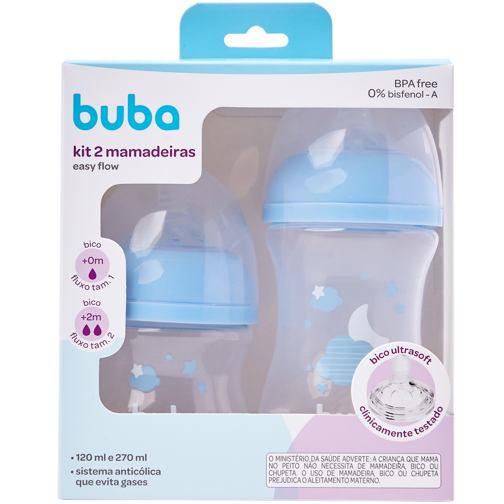 KIT C/ 2 MAMADEIRAS EASY FLOW ANTICÓLICA NUVEM AZUL  120ML/270ML - BUBA